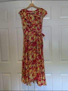 Monsoon Yellow and Red Bright Colorful Floral Wrap Midi Summer Flowy Dress S/XS